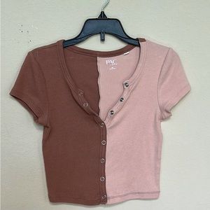 Pacsun Two Tone Button Front Brown Crop Top Women XS